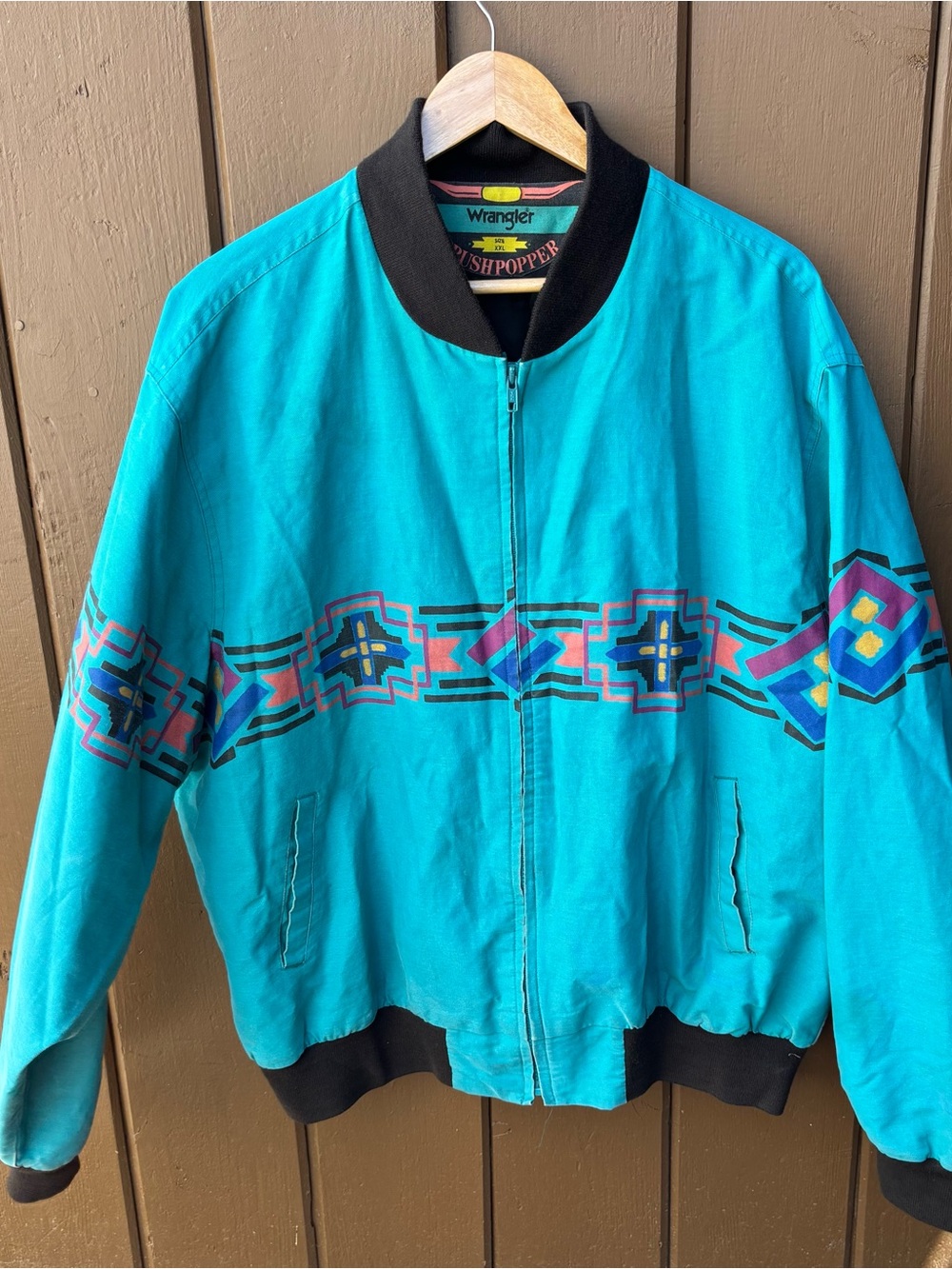 Vintage Wrangler Brushpopper Jacket Western Aztec Blue Mens XXL 90s Southwestern
